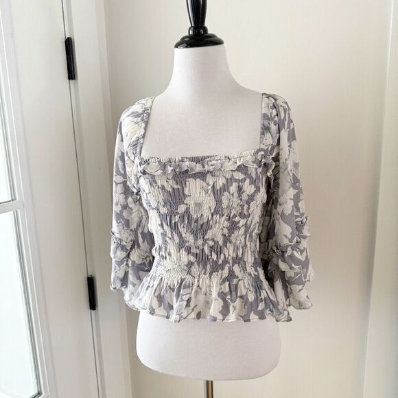 Mustard Seed Boho Floral Angel Wing Blouse Top Small Cropped Stretch - Picture 2 of 13